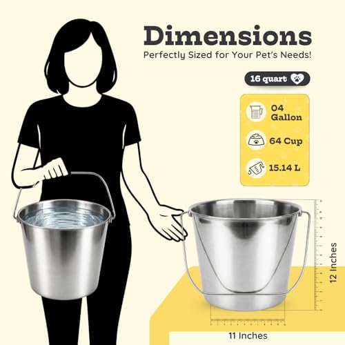 16 Quart Heavy Duty Stainless Steel Round Bucket with Arc-Shaped Handle, Metal Feed & Water Pail for Dogs, Horses, Livestock, Farm, Barn, Stable & Kennel - size: 16 Quart
