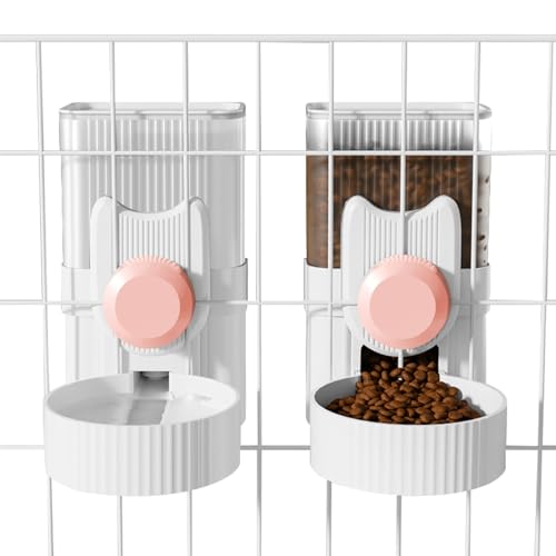 Hanging Cage Auto Pet Food Bowl Water Bottle Dispenser, 1L, Pink | Auto Gravity Pet Feeder and Waterer Set, Kennel Feeding Station, Crate Feeder Dish, For Rabbit Puppy Cats Ferret - color: Pink