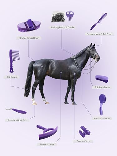 Harrison Howard Horse Grooming Kit 9 Piece with Tote Bag, Non-Slip Horse Brush Set for Shedding, Bathing, Hoof Care, Mane & Tail Grooming, Equine Grooming Supplies Purple - color: Purple