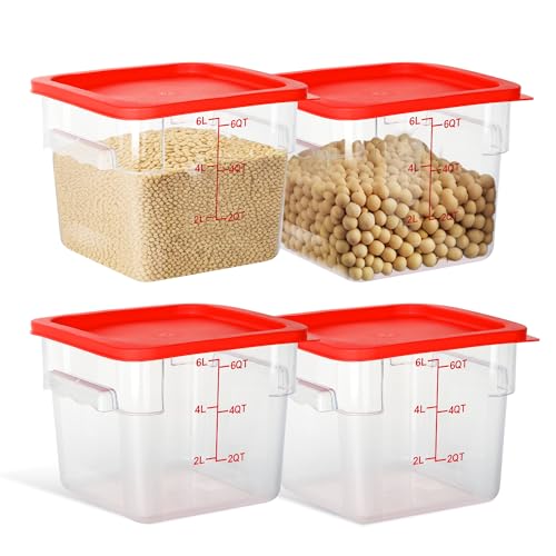 4 Pack 6QT Square Food Storage Containers with Lids | Clear NSF polycarbonate containers with scale, label and measuring cup, stackable for prep, storage, freezer. Dishwasher safe - color: 6Qt