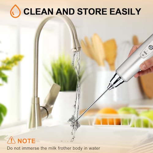 YUSWKO Handheld Milk Frother Wand for Coffee, Rechargeable Electric Whisk with 3 Heads 3 Speeds Drink Mixer Coffee Frother For Latte, Cappuccino, Hot Chocolate, Egg, Silver