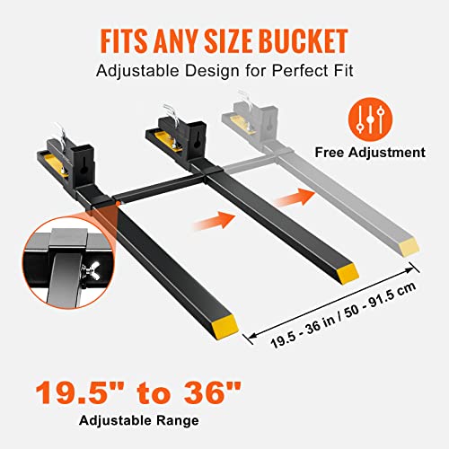 VEVOR Pallet Forks, 60" Total Length, 4000 lbs Clamp-On | Heavy Duty, Adjustable Stabilizer Bar, For Loader Bucket Skid Steer Tractor - size: 60 Inch
