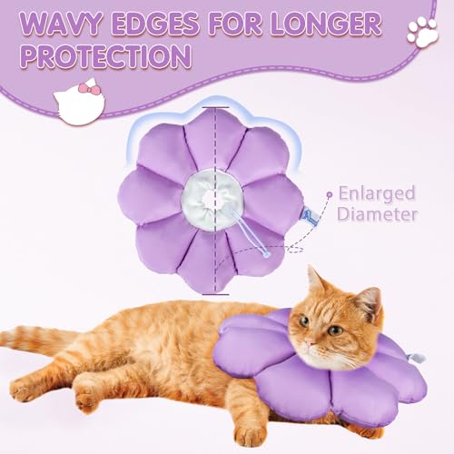 ANWA Waterproof Cat Cone Collar Soft, Cat Donut Collar After Surgery | Wavy Edges for Longer Protection, Waterproof Fabric, Adjustable Drawsting, Purple, Large - color: Purple, size: Large