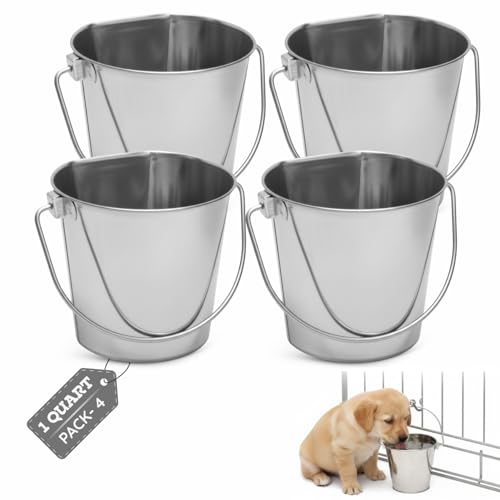 Flat Sided Stainless Steel Hanging Bucket, 1 Quart (0.25 Gallon), 4 Pack, Heavy Duty Kennel Cage Food & Water Pail for Small Dogs, Cats, Birds & Pets, Durable, Easy to Clean Feeder - size: 1 Quart (Pack of 4)