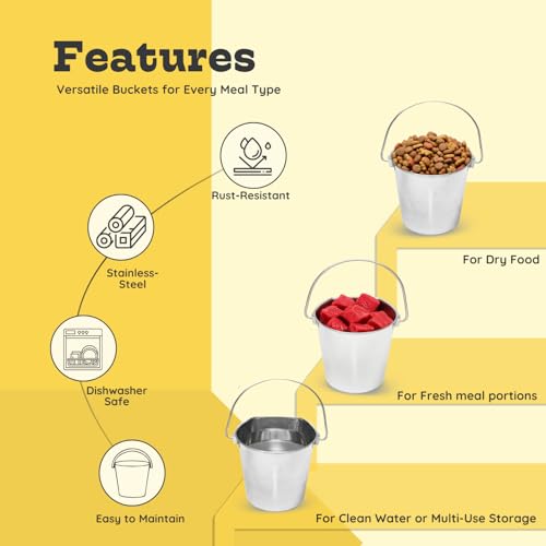 Flat Sided Stainless Steel Bucket 2 Quart Hanging Feeding Pail for Small Dogs Cats Birds, Fits Kennel Cages Compatible, Heavy Duty Food and Water Feeder, 0.5 Gallon Silver Buckets 2 Packs - size: 2 Quart (Pack of 2)