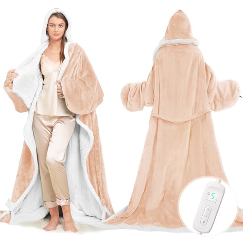 Wearable Heated Blanket with Foot Pocket, Electric Wearable Throw Blanket with Sleeves, Hood, Portable Heated Blanket with 8 Heat Settings, 1-10 Hours Auto Shut-off, Gift for Family, Friends, 50*70" - color: Beige