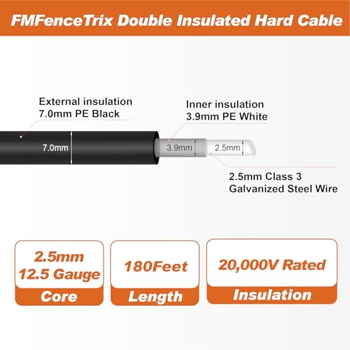 Electric Fence Wire Double Insulated Underground Hard Cable - 12.5Gauge, 180ft - Galvanized Steel Core - size: 12.5Gauge, 180Ft