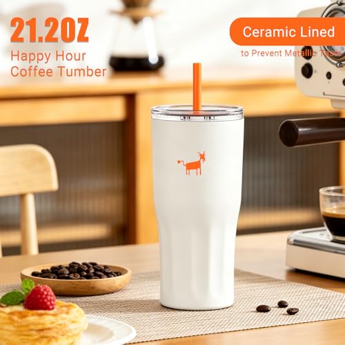 CHEERFUL GOAT Ceramic Travel Tumbler Ceramic Coffee Mug with 2 Lids | 21 OZ Stainless Steel Coffee Tumbler with Ceramic Liner,Cup for Hot and Cold at Home, Office, or On the Go （White） - color: White