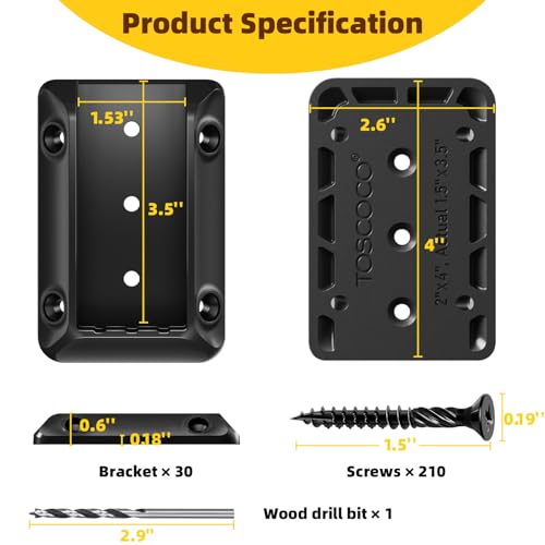 30 Pcs Toscoco Deck Railing Brackets for 2×4 (Actual 1.5" × 3.5") Wood Rail | Heavy Duty Nylon 66 Railing Connectors for Wood Post to Handrail Connection with 215 Pcs Deck Screws for Deck Stair Fence