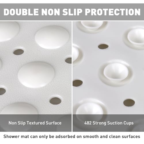 Shower Mat Non Slip: 47.2 x 31.5 Inch Extra Large TPE Shower Mats for Inside Shower - Anti Slip Shower Stall Matt with Drain Hole and Suction Cups for Elderly - color: White, size: 47.2" x 31.5" (Rectangular)
