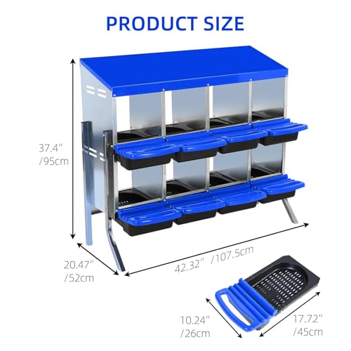 Chicken Nesting Boxes, 8 Hole Metal Chicken Laying Box with with Removable Trays and Roll Out Egg Collection for Chicken Coop, with Metal Bracket, Blue