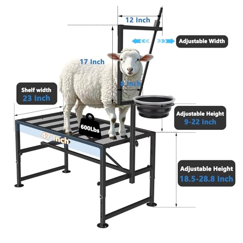600 LBs Goat Stand with Feed Bin, Goat Milking Stand for Sheep Trimming and Milking, Hoof Trimming Stand Adjustable Size, with Feeder, Iron Black - color: Black, size: L - 47 inch