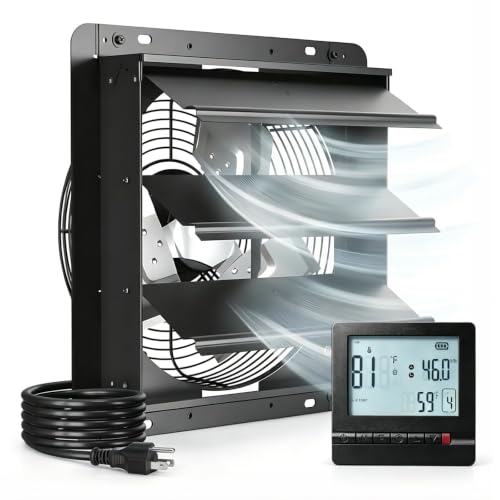 Amico 12" Shutter Exhaust Fan, Remote Thermostat & Humidity 25W DC 1238 CFM | 8-Speed Auto Adjust Wall Mount Vent Fan, for Greenhouse, Garage, Chicken Coop, Gable Wall Vent, Quiet, 3-Year Protection - size: 12 Inch