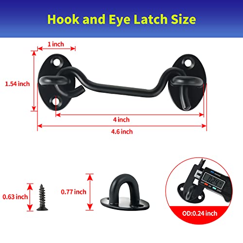4" Hook and Eye Latch 6-Pack, Heavy Duty Solid Stainless Steel Cabin Privacy Hooks Latch with Mounting Screws for Barn Doors, Bathrooms, Sliding Doors, Sheds, Blinds, Bedrooms. (Black)