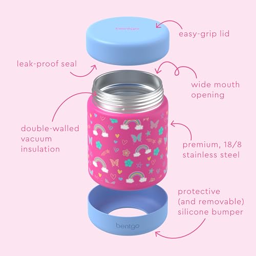 Bentgo Kids Stainless Steel Leak-Proof Food Jar for Hot or Cold Food | 11 fl oz Double Insulated Container with Removable Silicone Bumper, Dishwasher Safe, Easy Open Lid, Ages 3+ (Rainbows) - color: Rainbows and Butterflies