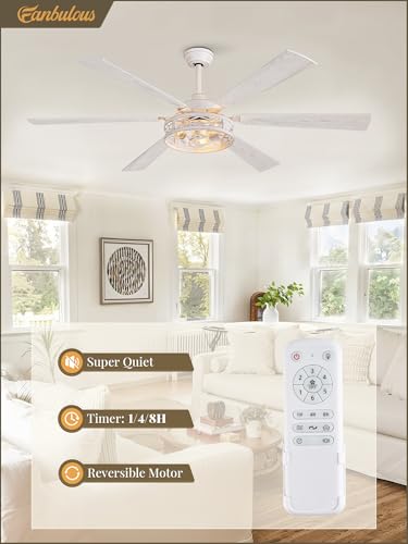Fanbulous 65 Inch Ceiling Fan with Light and Remote, Farmhouse Large, White | Industrial Caged Rustic, Downrod Mount, Quiet Reversible DC Motor, Powerful 6 Speeds, Timer, for Living Room, Bedroom, Indoor - color: White with Light Gold, size: 65 Inch