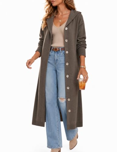 CiCiBird Womens Fall Long Cardigan Sweater Hooded Button Coat | Side Pockets, Loose Midi Length, Cozy Texture, Soft Lightweight Knit, Lounge To Outdoor Wear, Daily Layering, House Coat - color: Brown, size: X-Large