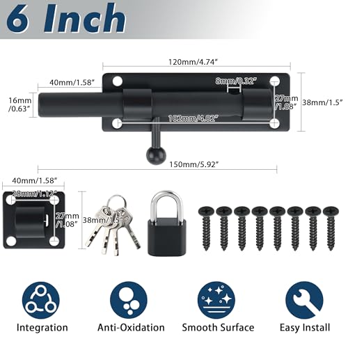 Alise 6 inch Barrel Bolt Latch,Black Heavy Duty Slide Lock for Barn Door | SUS304 Stainless Steel Padlock-Style Slide Bolt Latch,Security Gate Latch for Wooden Fence,Outdoor Door(Includes a door lock) - color: Black, size: 6 inch-lock set