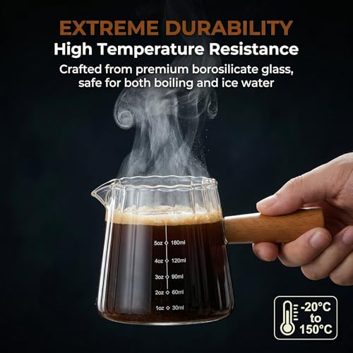 6 oz Espresso Cups With Wood Handle, Espresso Accessories, Ribbed Milk Frothing Pitcher, Glass Measuring Cup, Shot Glass with V-Shaped Mouth, Coffee Bar Epresso Shots Cup