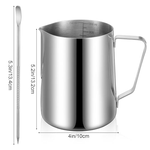 2 Pcs Milk Frothing Pitcher, 32 Oz Stainless Steel Steaming Pitcher for Espresso, Cappuccino, Barista Frother Jug with Tick Mark and Latte Art Pen, Silver
