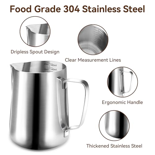 20oz Milk Frothing Pitcher, 304 Stainless Steel | 12oz/20oz/32oz Milk Frother Cup with Measuring Scale & Latte Art Pen for Espresso, Coffee, Cappuccino - size: 20 Ounces