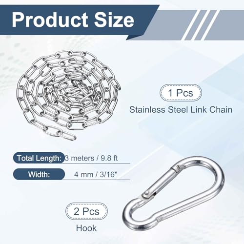 304 Stainless Steel Link Chain with 2 Hook (3/16" x 9.8 ft / 3 m x 4 Mm) - Utility Hanging Coil Chain Link Locking Pulling for Outdoor Fence Pet Dog - size: 3/16" x 9.8 ft(3 m x 4 Mm)