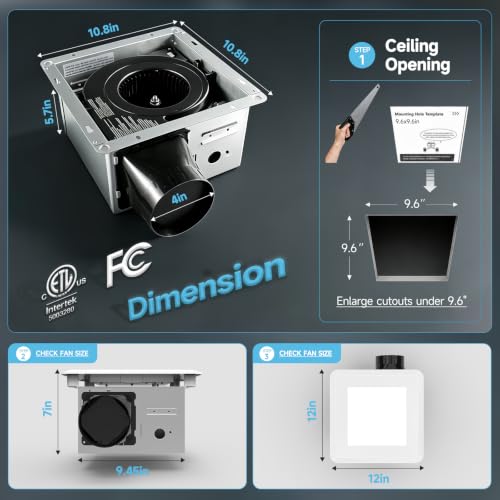 AHAWILL 100 CFM Ultra Quiet Bathroom Exhaust Fan with Light,0.9 Sones,5CCT Dimmable,Ceiling Opening 9.6'' x 9.6'',1000LM Ceiling Mount Bathroom Fan,Bathroom Vent Fan with Light,ETL & FCC - size: 10in