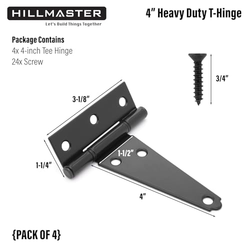 HILLMASTER 4 Inch T-Strap Hinges Shed Window Door Hinges Gate Strap Hinges Heavy Duty Black Tee Hinge Wrought Gate Hardware Post Small T Hinges for Wooden Fences,Shutter,Yard,Barn Door,Outdoor(4 Pack) - size: 4in 4Pack