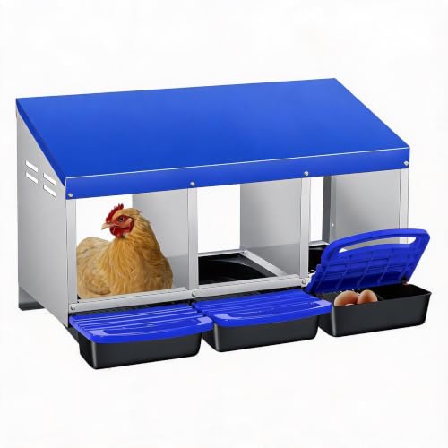PrecisionAuto Chicken Nesting Box, 3 Compartment Automatic Roll Away Egg Collection, Ventilated Galvanized Steel, Wall Mount or Freestanding Hen Coop Accessory, Blue - color: Blue