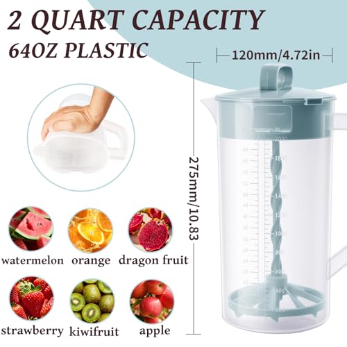 64oz Mixing Pitcher with Built-in Stirrer & Plunger, Leak-Proof Translucent Plastic Jug with Measurement Marks for Smoothies, Protein Shakes, Home & Party (1)