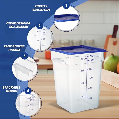 4 Pack 22QT Square Food Storage Containers with Lids | Clear NSF polycarbonate containers with scale, label and measuring cup, stackable for prep, storage, freezer. Dishwasher safe - color: 22Qt-New Version