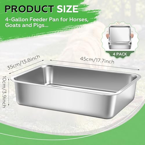 Sadnyy 4 Pcs 16 Qt/ 4 Gallon Stainless Steel Feeder Pan Bulk High Capacity Metal Horse Food and Water Bowls Heavy Duty Horse Trough Feeder for Goats Horses Livestock Animal Feeding