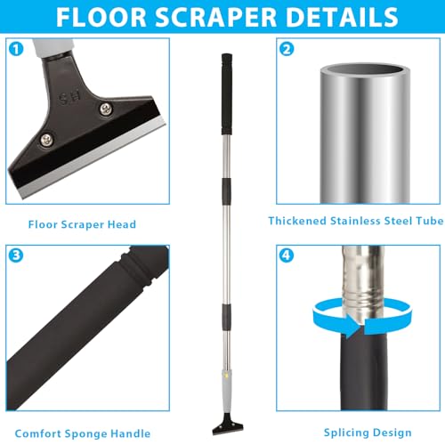 Floor Scraper, 31" to 61" Scraper Tool Long Handle with 4-inch Razor Blade Stainless Steel Material Adjustable Cleaning Glass Wall Gum Paint Tile Glue Linoleum Carpet Sturdy Durable