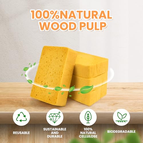 8-Count Pop Up Cellulose Sponges, Yellow | Non-Scratch, Eco-Friendly, Tear-Resistant Natural Scrub, Biodegradable Compostable, for Dishes, Bathroom, Cars