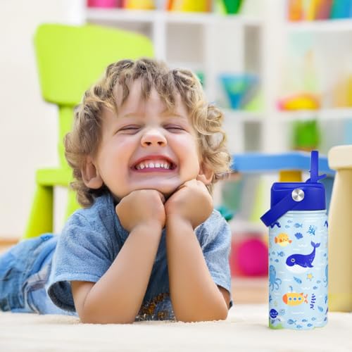 SANDJEST Kid Water Bottle 12oz with Straw Lid - 2-Pack Insulated Stainless Steel Water Bottles for Kids Girls - Travel Cup for Back to School Sports Christmas Birthday (Animals & Sea Animals) - color: Ocean Animal + Animal