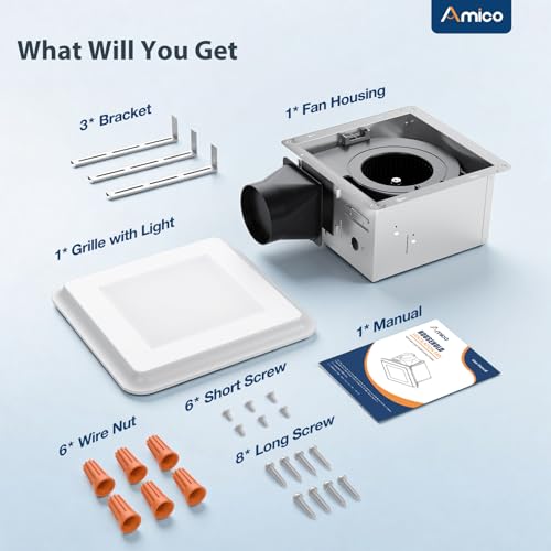 Amico Bathroom Exhaust Fan with Light, 110 CFM, 1.0 Sones, 5CCT, Easy Retrofit without Attic Access, Adjustable Bathroom Fan with light, Quiet Operation, ETL & FCC Certified | Easy Retrofit without Attic Access, Adjustable Bathroom Fan with light, Quiet O