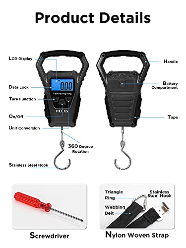 HEETA Waterproof Fish Scale Digital Hanging Fishing Luggage Weight Scale | Up 110lb/50kg Portable Scale with Backlit LCD Display, for Home & Outdoor, Measuring Tape and 2 AAA Batteries Included - color: Black