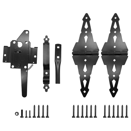 8" Heavy Duty Decorative Strap Hinges and Spring Loaded Latch Kit with Screws for Outdoor Fence Swing Gate Black Finish，Wood Gate Hardware Set，with Handle (1, Black)