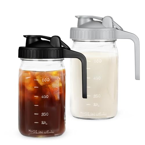 Breast Milk Pitcher Mason Jar - 2Pack Easy Pouring 32oz Airtight Glass Jar with Pour Spout Lid, Classic Wide Mouth Jug Easy to Clean, Ideal for Coffee & Creamer, Iced & Sun Tea, Juices - color: Black&Grey, size: 1 Quart