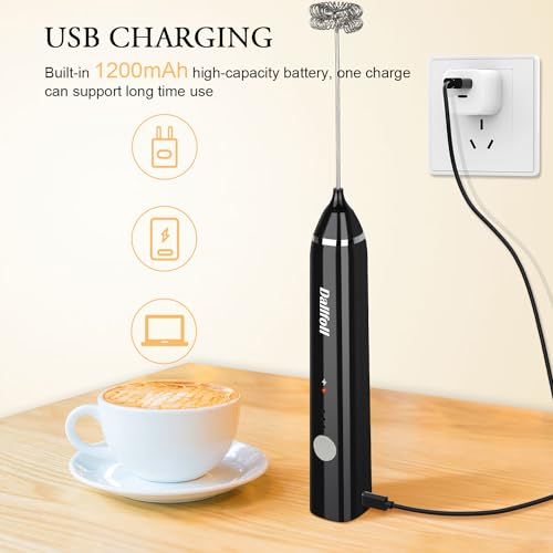Milk Frother Handheld,Dallfoll USB Rechargeable Electric Foam Wand Maker for Coffee, 3 Speeds Mini Milk Foamer Drink Mixer with 2 Whisks for Bulletproof Coffee Frappe Latte Cappuccino Hot Chocolate