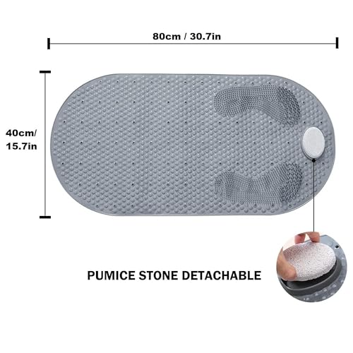 Bath Mat, TPE Non Slip Shower Mat with Suction Cups, 15.7 x 31.4 inch, Foot Scrubber Bath Mats with Removable Pumice Stone for Foot Massage - color: Grey