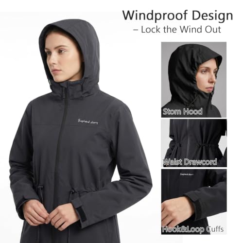 Women's Waterproof Long Rain Jackets Raincoats with Adjustable Hood | Lightweight Outdoor Activities Rain Shell Relaxed Fit Drawstring Waist Windbreaker Breathable Mesh-Lined Trench Coat - color: Black, size: Large