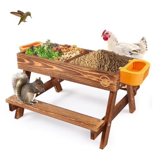 Chicken Picnic Table, Chicken Feeder No Waste Handmade Carbonized Wooden, Large DIY Chicken Feeder Kit, Wild Bird, Duck & Squirrel Feeders, Mesh Bottom Keep Food Fresh and Dry Easy to Clean and Fill