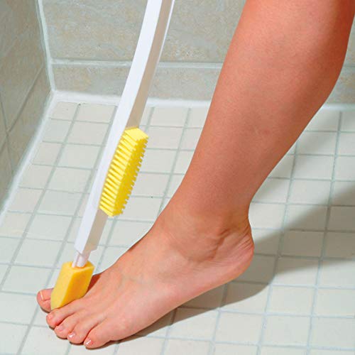 Fox Valley Traders Long Handled Foot Brush & Lotion Applicator with Nylon | Bristles and Interchangeable Sponge Heads for Shower