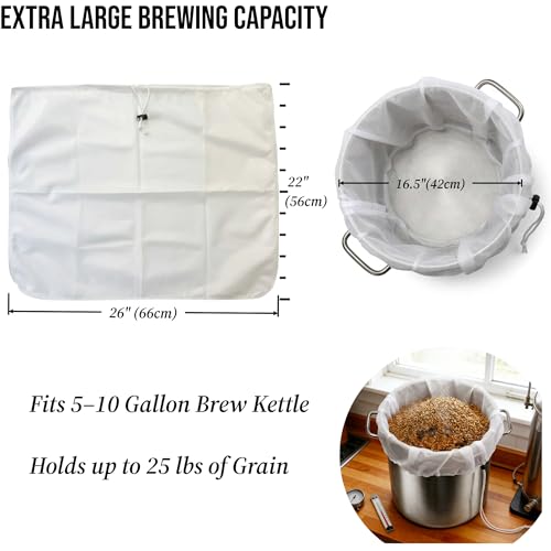2 Pack BIAB Brewing Bag, 26" x 22", 250 Micron Reusable Fine Mesh Brew Bags with Reinforced Stitching & Drawstring, Heavy Duty Nylon Straining Bag for All Grain Home Brewing & Beer Wine Cider - size: 2Pack 26" X 22"
