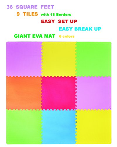 POCO DIVO 36-SQFT Giant Play Mat 9-Tile Excise Mat Easy Setup Solid EVA Foam Mat Multi-Color Interlocking Floor with 18-Border