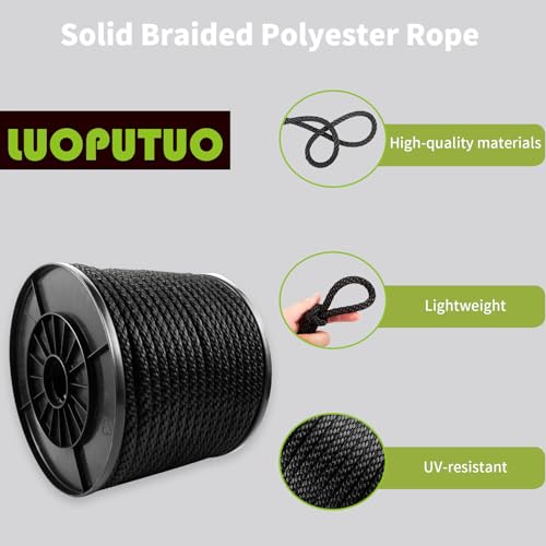 3/8 Inch × 200 FT Black Polyester Solid Braid Rope – UV & Abrasion Resistant, Low Stretch, Multipurpose for Flagpole Halyard, Clothesline, Camping, and Utility Tasks - size: 3/8 In×200 FT