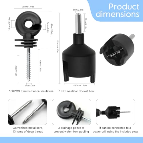 100Pack Black Electric Fence Ring-Head Insulators Self-Tapping Screws | Premium PP+PE anti-deform material, rustproof galvanized screws, easy drill install,universal for farm livestock fence