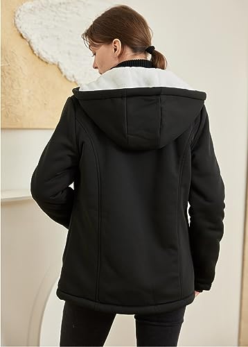 JiangWu Womens Fashion Horn Button Fleece Thicken Coat with Hood Winter Warm Jacket - color: B-thicken-black, size: X-Large