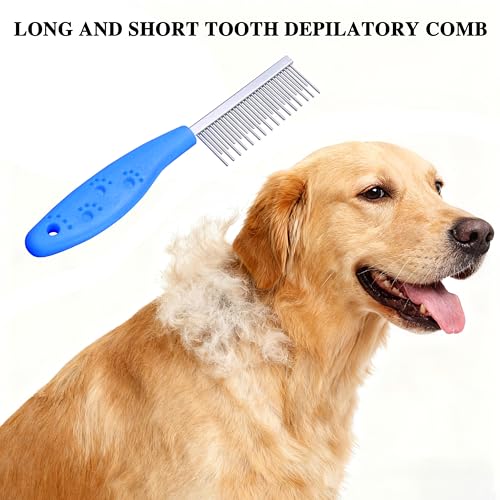 4 Pack Pet Grooming Combo - Blue Deshedding Brush,With Metal Comb,Bath Brush, With Long & Short Stainless Steel Teeth Depilatory Comb For Detangling And Dematting Long, Matted Fur On Cats And Dogs